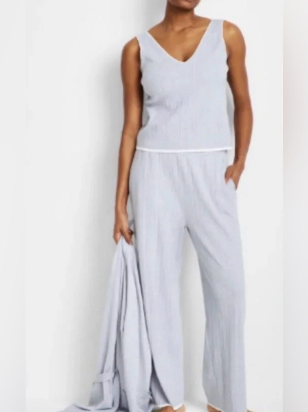 State of Day Ribbed Knit Tank and Pants Lounge Set Light Blue/Gray Size Large